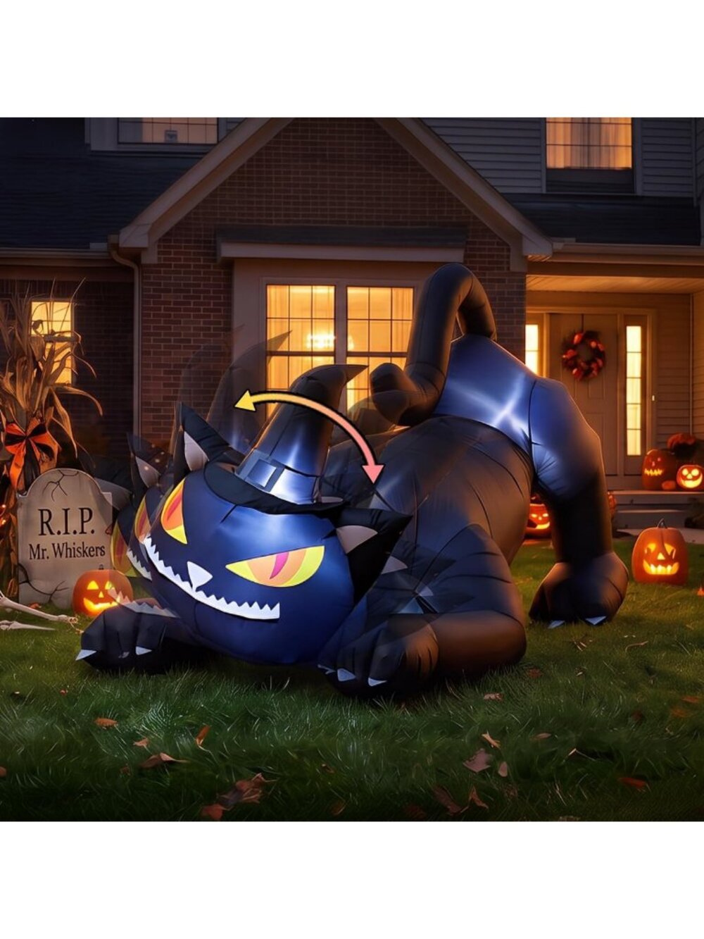 6FT Inflatable Black Cat Decoration - Spooky Rotating Head Halloween Yard Decor